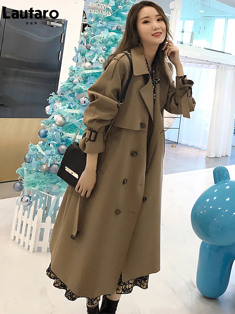 

Lautaro Spring Autumn Long Dark Khaki Beige Black Flowy Trench Coat for Women Double Breasted Loose Casual Korean Fashion 2022