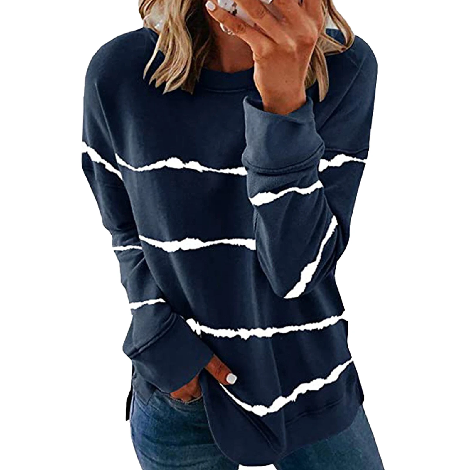 Casual Striped Pattern Long Sleeve Crew Neck Autumn Winter Soft Loose Fashion Pullover Keep Warm Women Sweatshirt Side Split
Casual Striped Pattern Long Sleeve Crew Neck Autumn Winter Soft Loose Fashion Pullover Keep Warm Women Sweatshirt Side Split