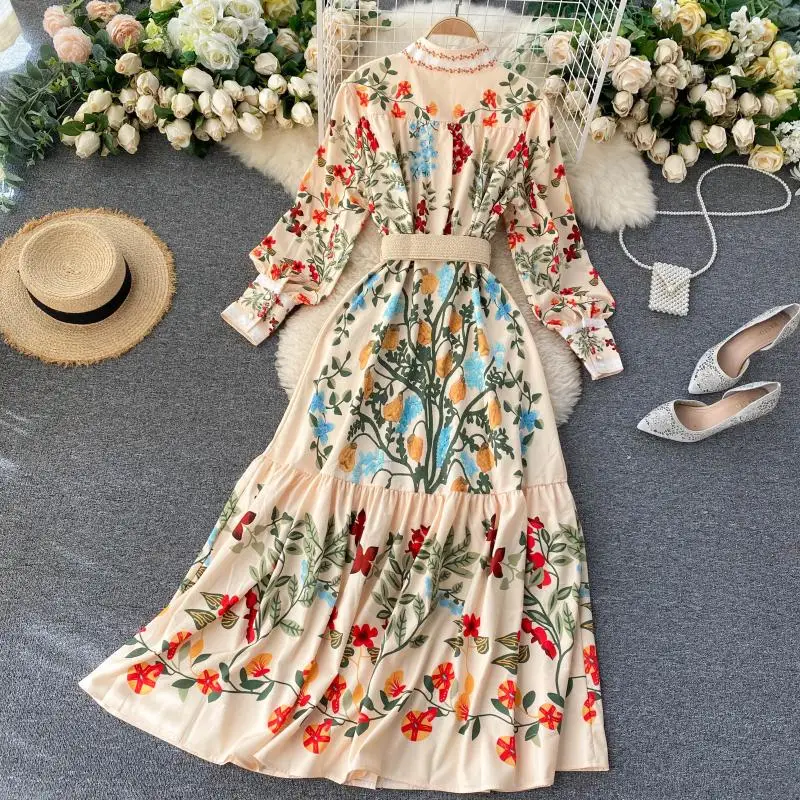 Long Robe Maxi Dresses Women Vintage Print Autumn Stand Collar Button Puff Sleeve Fashion Chic Flower Streetwear Femme New
Long Robe Maxi Dresses Women Vintage Print Autumn Stand Collar Button Puff Sleeve Fashion Chic Flower Streetwear Femme New