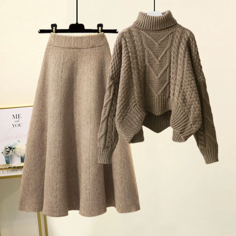 

Fashion age reduction autumn and winter women's new turtleneck twist sweater with a plunging skirt A-line skirt two-piece set