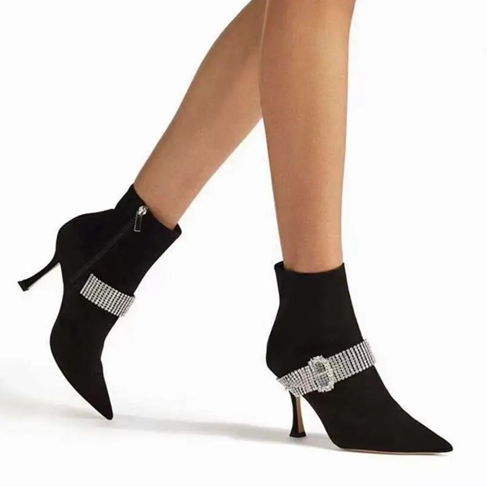 Crystal Belt Buckle Pointed Toe Ankle Boots Stiletto Heel Side Zipper Leather Black Solid Sexy Concise Women Shoes Autumn Winter
Crystal Belt Buckle Pointed Toe Ankle Boots Stiletto Heel Side Zipper Leather Black Solid Sexy Concise Women Shoes Autumn Winter