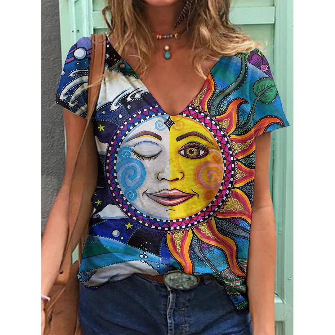 Women's summer V neck short sleeve T-shirts, Sun 3D digital printing T-shirts, fashion casual clothes and street comfort for women, loose tops large size 2022
Women's summer V neck short sleeve T-shirts, Sun 3D digital printing T-shirts, fashion casual clothes and street comfort for women, loose tops large size 2022