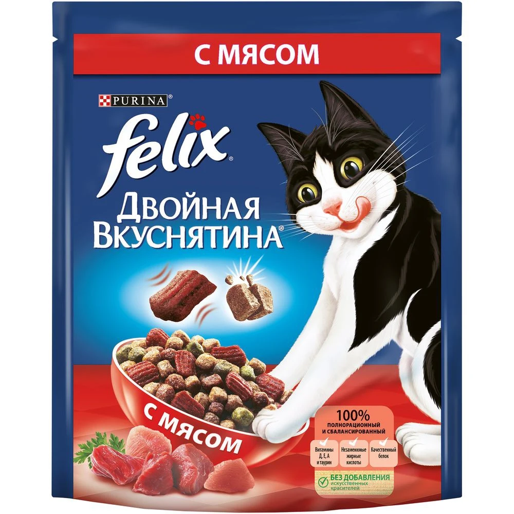 Сухой корм Felix® Двойная Вкуснятина® для взрослых кошек с мясом Пакет 300 г | Дом и