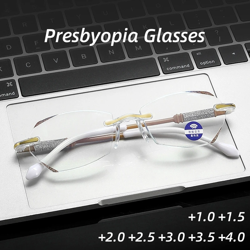 

Anti Blue Light Presbyopic Eyeglasses New Polygonal Frameless Cut Edge Reading Glasses High-definition Intelligent Zoom Eyewear