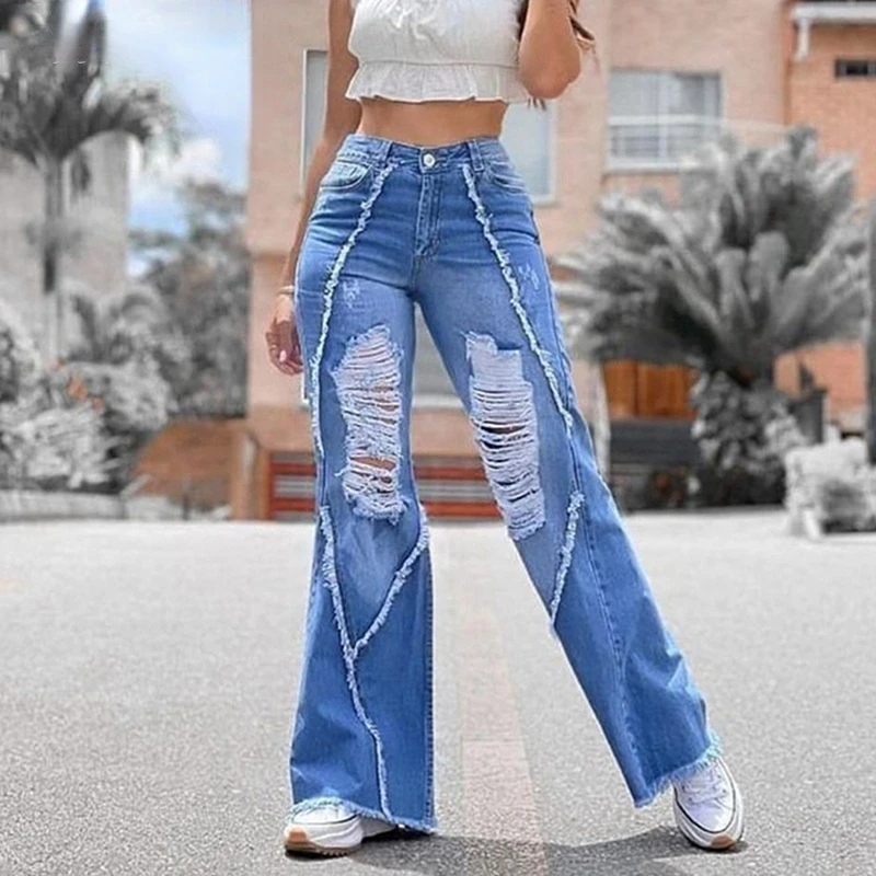 T Spring Autumn Women's High Waist Casual Denim Ripped Hole Personalized Flared Pants Loose Jeans Female Trousers Jeans
T Spring Autumn Women's High Waist Casual Denim Ripped Hole Personalized Flared Pants Loose Jeans Female Trousers Jeans