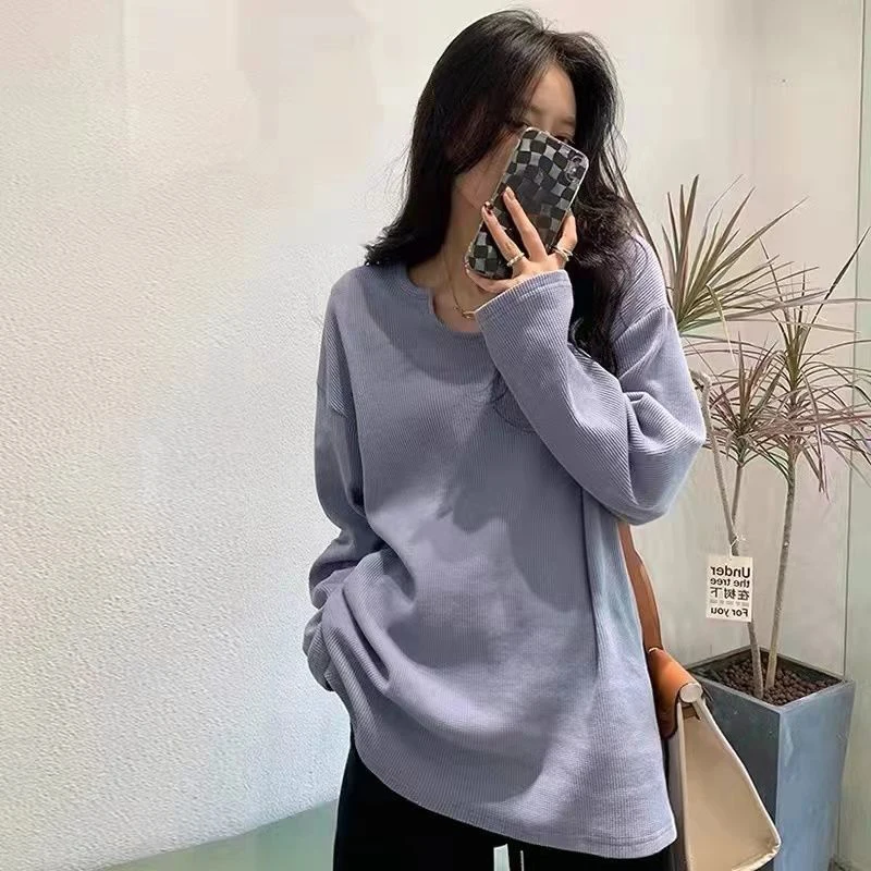 

Waffle Plaid Long Sleeve Women U Neck T Shirts Fashion All-match Harajuku Punk Simple Oversized Clothing Blue Black Apricot Pink