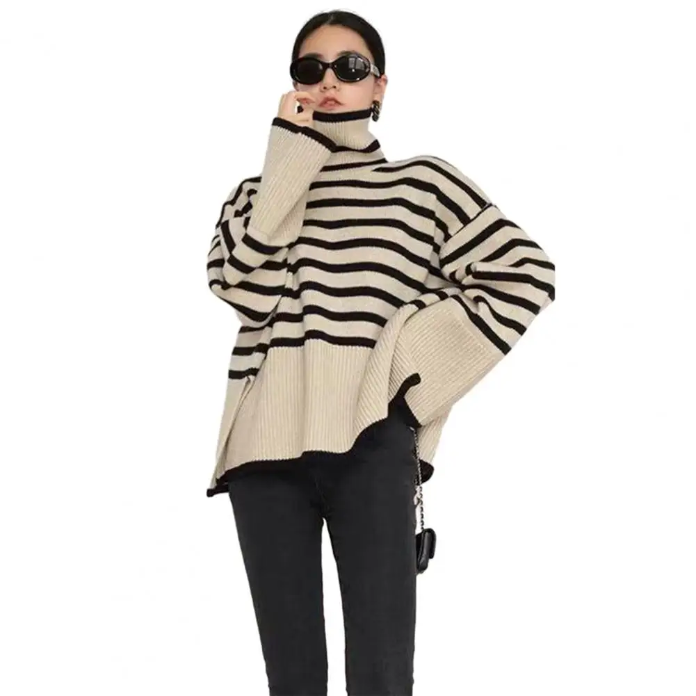 Women Fall Winter Sweater High Collar Neck Protection Contrast Color Striped Print Loose Knit Long Sleeve Split Hem Soft Warm La
Women Fall Winter Sweater High Collar Neck Protection Contrast Color Striped Print Loose Knit Long Sleeve Split Hem Soft Warm La
