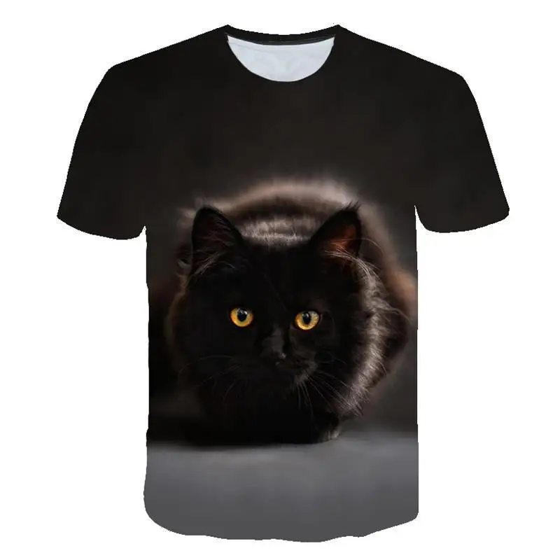 

2023 moda masculina/feminina em torno do pescoço t camisa gato preto 3d impresso manga curta camiseta verão casual solto vintage