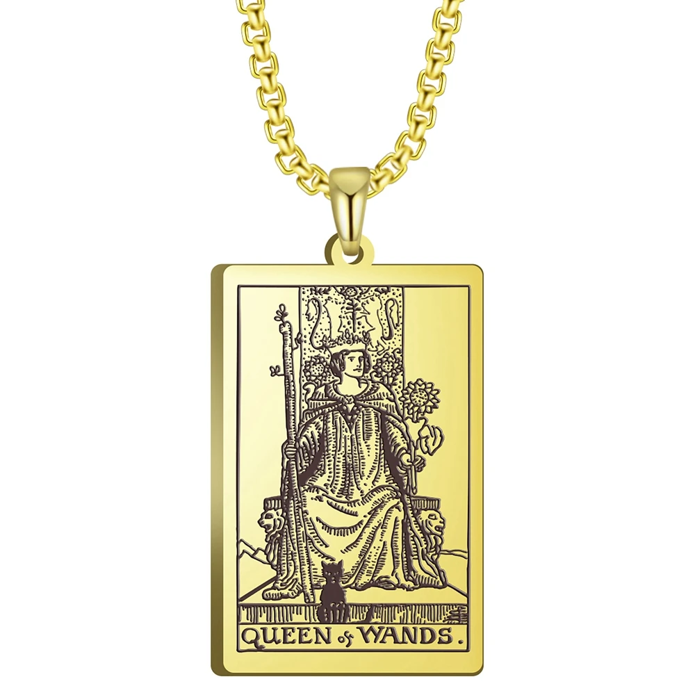 

Stainless Steel Jewelry Black Color Gold Color Steel Color 24x40mm Tarot Queen Of Wands Pendant Necklace With 60cm Box Chain