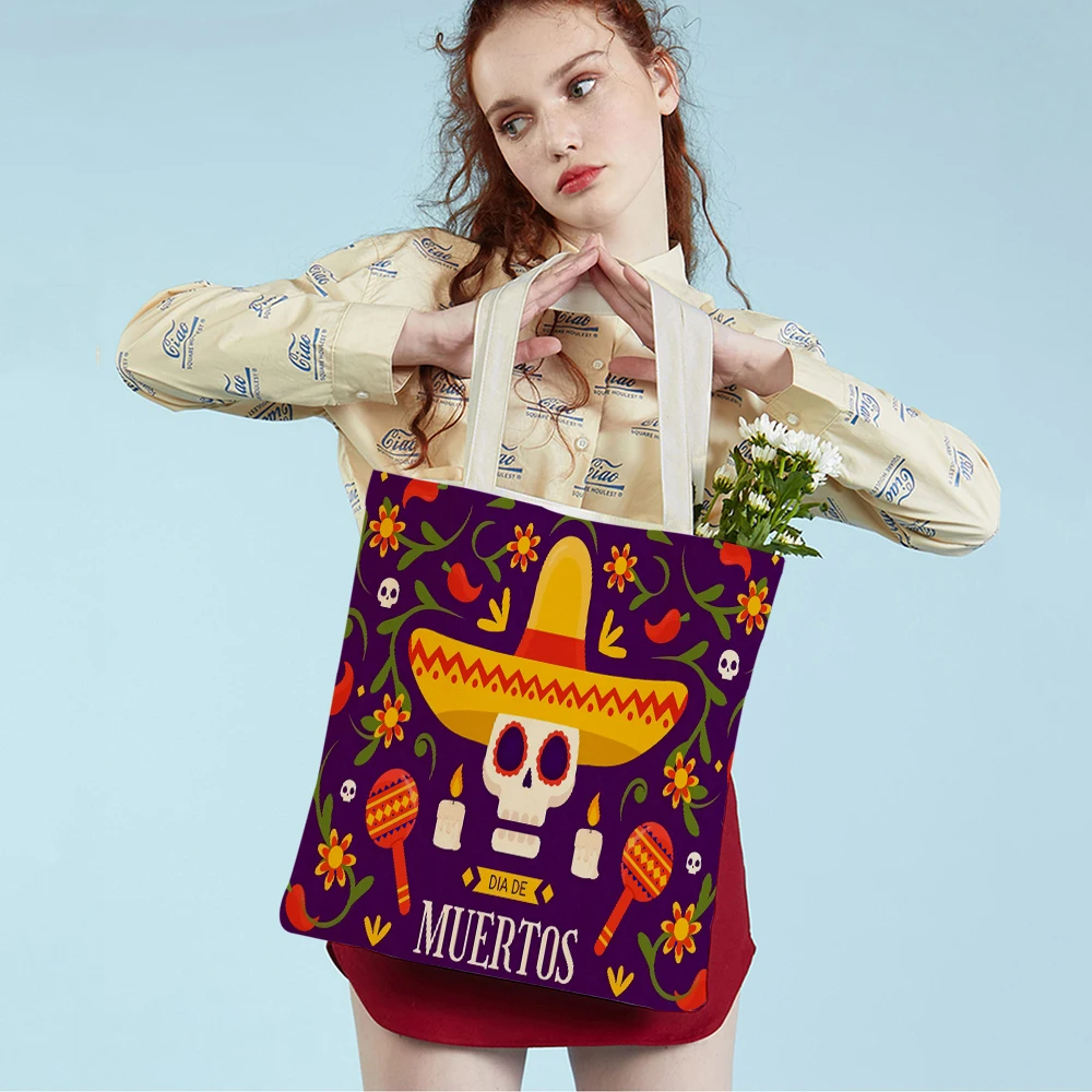 Fashion Day of The Dead Tote Handbag Cartoon Mexico Flower Skull Casual Canvas Foldable Reusable Cloth Shopping Shoulder Bag
Fashion Day of The Dead Tote Handbag Cartoon Mexico Flower Skull Casual Canvas Foldable Reusable Cloth Shopping Shoulder Bag