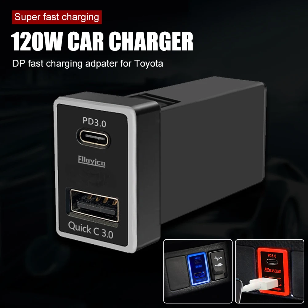 120W Car Charger Super Fast Charging Dual USB Output USB + Type-C Car Charging Adapter Mobile Phone PD Charger for Toyota
120W Car Charger Super Fast Charging Dual USB Output USB + Type-C Car Charging Adapter Mobile Phone PD Charger for Toyota