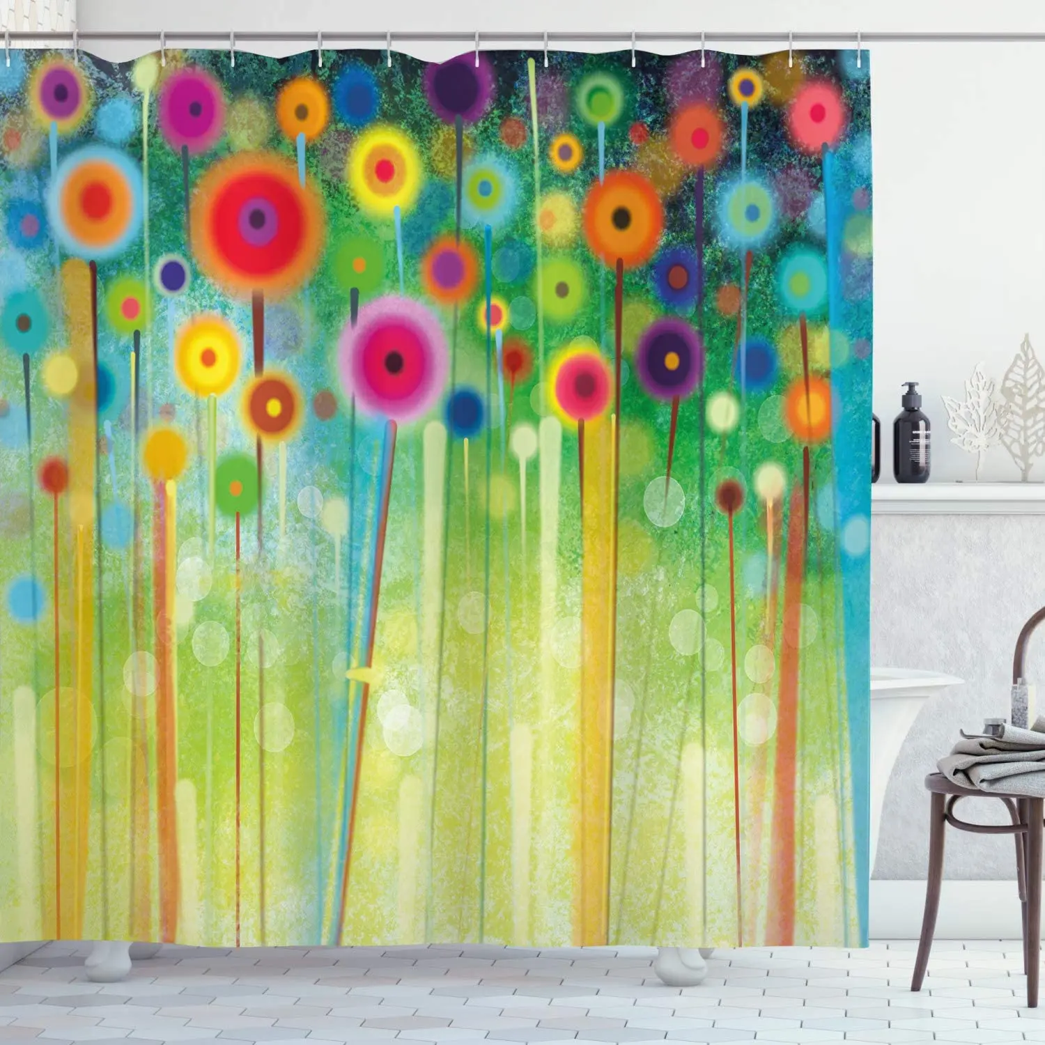 

Flower Shower Curtain, Abstract Dandelion Inspired Spiral Blooms Petals Geometrical Shapes Nature Art Theme, Cloth Fab