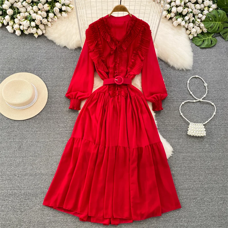 2023 Spring Autumn Ruffles Patchwork Solid Color Ladies Dress With Belt Elegant Long Vestidos Long Sleeve V-neck Women Dresses
2023 Spring Autumn Ruffles Patchwork Solid Color Ladies Dress With Belt Elegant Long Vestidos Long Sleeve V-neck Women Dresses