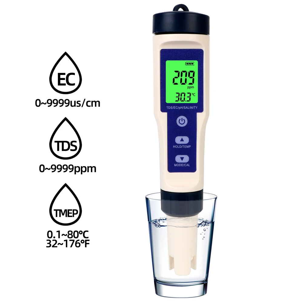 Датчик качества воды 5 в 1 PH/TDS/EC/Соль/прибор для измерения температуры, прибор для измерения чистоты водородом