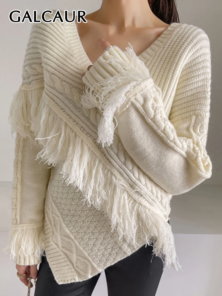 GALCAUR Irregular Kniting Sweater For Women V Neck Long Sleeve Patchwork Tassel Loose Casual Sweaters Female 2022 Autumn Clothes
GALCAUR Irregular Kniting Sweater For Women V Neck Long Sleeve Patchwork Tassel Loose Casual Sweaters Female 2022 Autumn Clothes