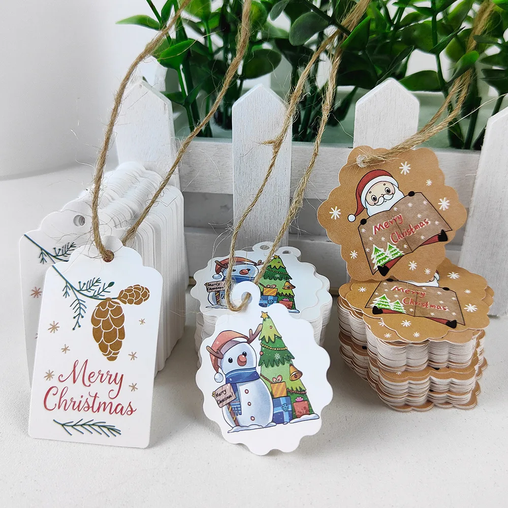 

100pcs Merry Christmas Paper Gift Tag Snowman Deer Santa Claus Paper Label Hang Tags Party DIY Decor Xmas Gift Wrapping Tags