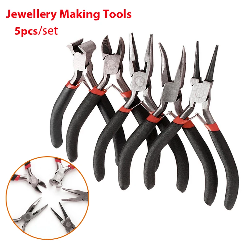 

5Pcs/Set DIY Mini Pliers Jewelry Making Tool Beading Bracelet Chain Cutter Round Bent Needle Nose Flat Wire Wrapping Pliers Kits