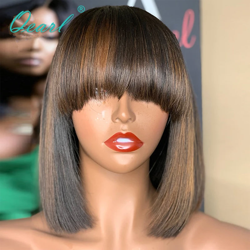 

Short Bob Wig New in Brazilian Real Human Hair Wigs with Bangs Glueless Lace Wig Sale for Women Brown Honey Blonde Fringe Qearl