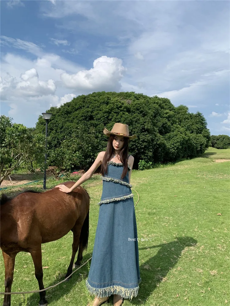2023 NEW Spring Summer Long Blue Denim Dress Chic Sexy Sleeveless Tassel Jeans Dress Vintage Fashion A Line Bead Straps Sundress
2023 NEW Spring Summer Long Blue Denim Dress Chic Sexy Sleeveless Tassel Jeans Dress Vintage Fashion A Line Bead Straps Sundress