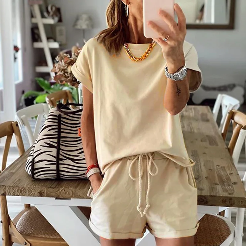 Однотонный летний женский костюм из двух предметов, спортивные костюмы с коротким рукавом, женские повседневные спортивные костюмы 2022, Жен...