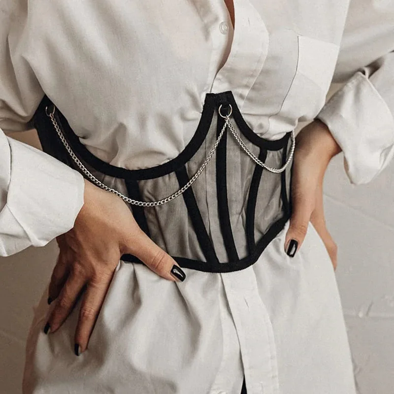 New Women Punk Metal Chain Goth High Waist Corsets Harajuku Vintage Mesh See Through Waist Shaper Corset Cummerbunds
New Women Punk Metal Chain Goth High Waist Corsets Harajuku Vintage Mesh See Through Waist Shaper Corset Cummerbunds