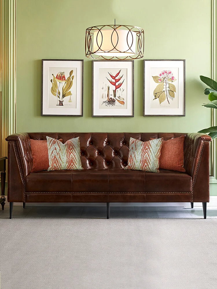 

Американский диван, роскошный кожаный арт-диван, кожаный налобный слой из воловьей кожи, Современная линейная мебель для гостиной, диван из твердой древесины