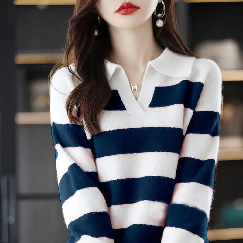 Women Sweater Striped Korean Fashion Style Casual Pullover Jumper Loose Polo Collar Long Sleeve Female Sweatshirt
Women Sweater Striped Korean Fashion Style Casual Pullover Jumper Loose Polo Collar Long Sleeve Female Sweatshirt