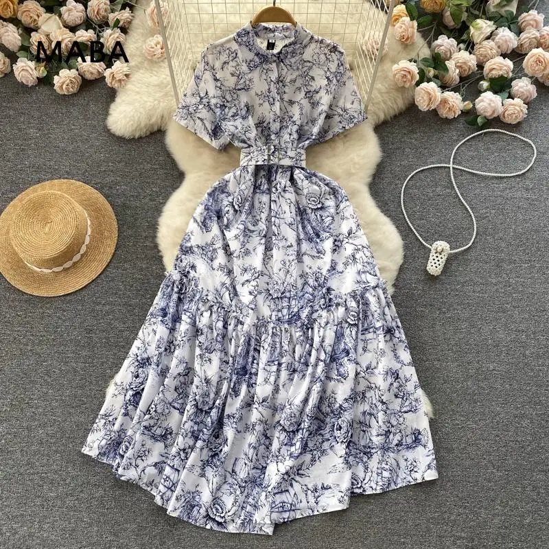 Summer Women Vintage Ethnic Ink Painting A-line Long Dress Turn Down Collar Short Sleeve High Waist Big Swing Shirt Dresses Robe
Summer Women Vintage Ethnic Ink Painting A-line Long Dress Turn Down Collar Short Sleeve High Waist Big Swing Shirt Dresses Robe