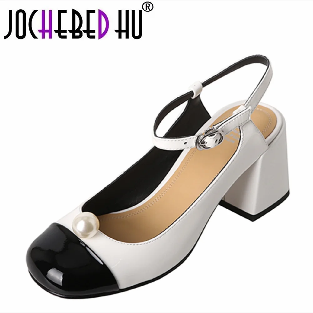 

【JOCHEBED HU】Mary Jane Shoes Female Square Toe Princess Single Shoes Pearl Chain Crude Heel Patent Leather Candy Color 34-40