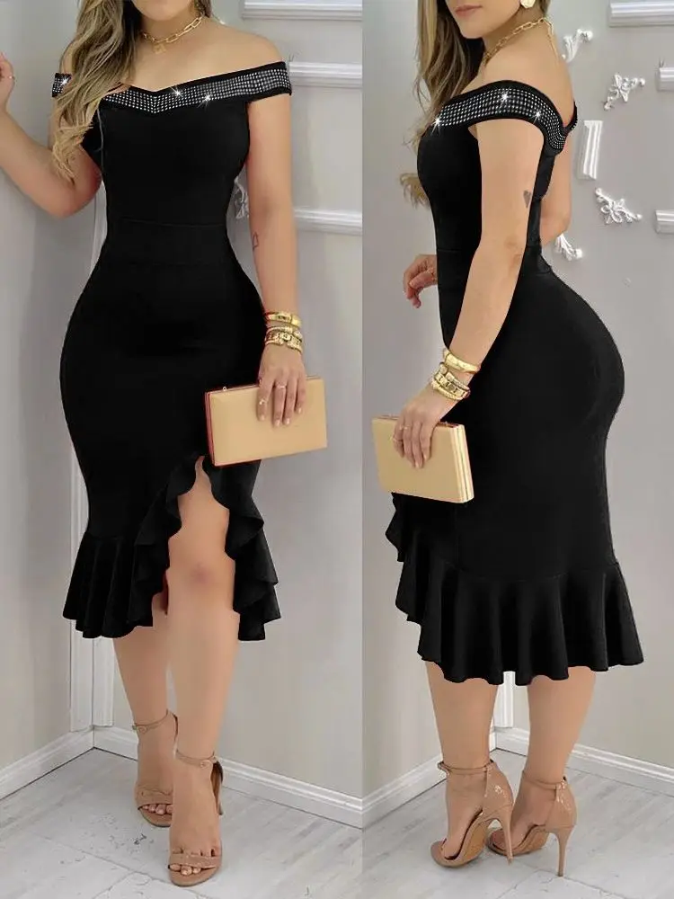 Diamond Embedding Sexy Off Shoulder Off Back Slim Fit Waist Wrap Hip Ruffle Edge Split Dress Elegant and Elegant Women's Dress
Diamond Embedding Sexy Off Shoulder Off Back Slim Fit Waist Wrap Hip Ruffle Edge Split Dress Elegant and Elegant Women's Dress