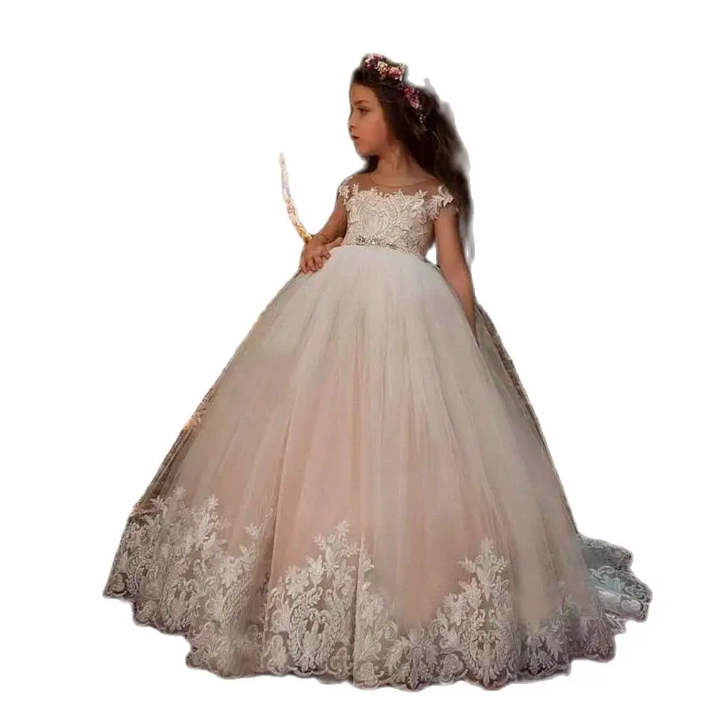 

Pageant Lolita Champagne Tulle Ball Gown Flower Girl Dresses Kids First Communion Party Princess Beading Sash Girls Dresses