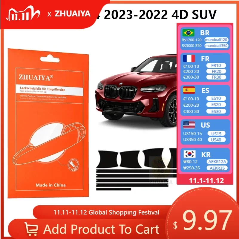 Защитная пленка ZHUAIYA для красок дверной ручки, ТПУ PPF для BMW X4 2023-2022 4D SUV, автомобильные аксессуары
Защитная пленка ZHUAIYA для красок дверной ручки, ТПУ PPF для BMW X4 2023-2022 4D SUV, автомобильные аксессуары