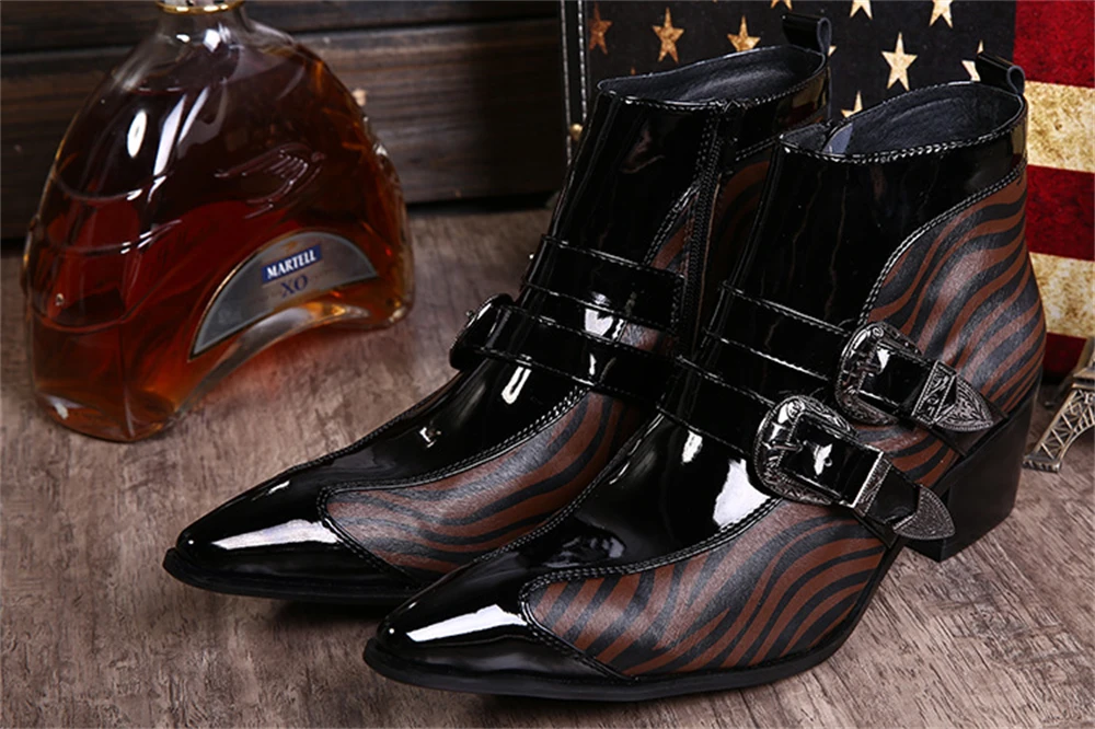 Brown Striped Buckle Patent Genuine Leather Thick High Heels Pointed Toe Boots Male Plus Size Fashion Party Wedding Dress Shoes
Brown Striped Buckle Patent Genuine Leather Thick High Heels Pointed Toe Boots Male Plus Size Fashion Party Wedding Dress Shoes