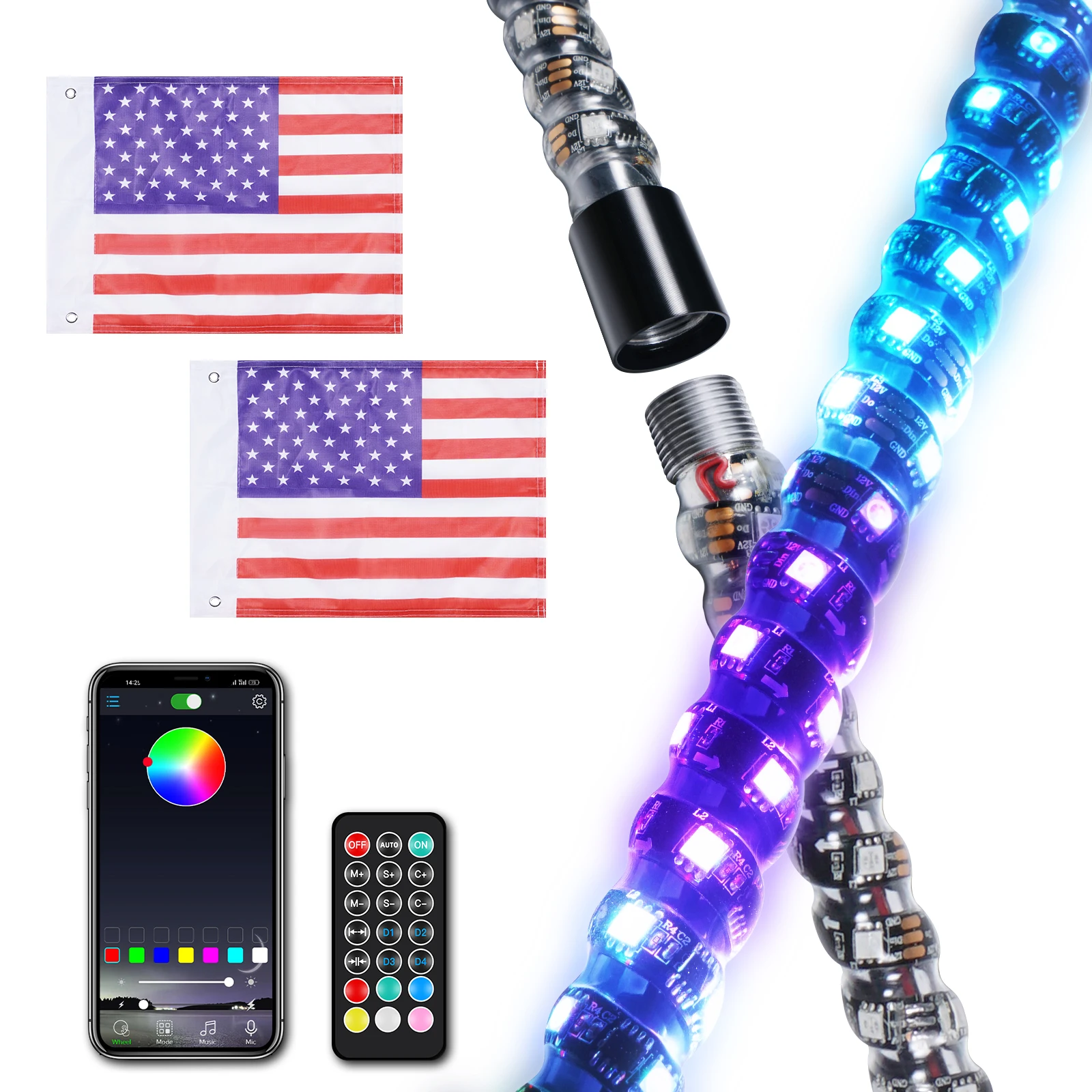 

Bevinsee 3FT 4FT 5FT 6FT LED Whip Lights with App & Remote Control Multicolor Music LED Flagpole Light For UTV ATV RZR Can-Am