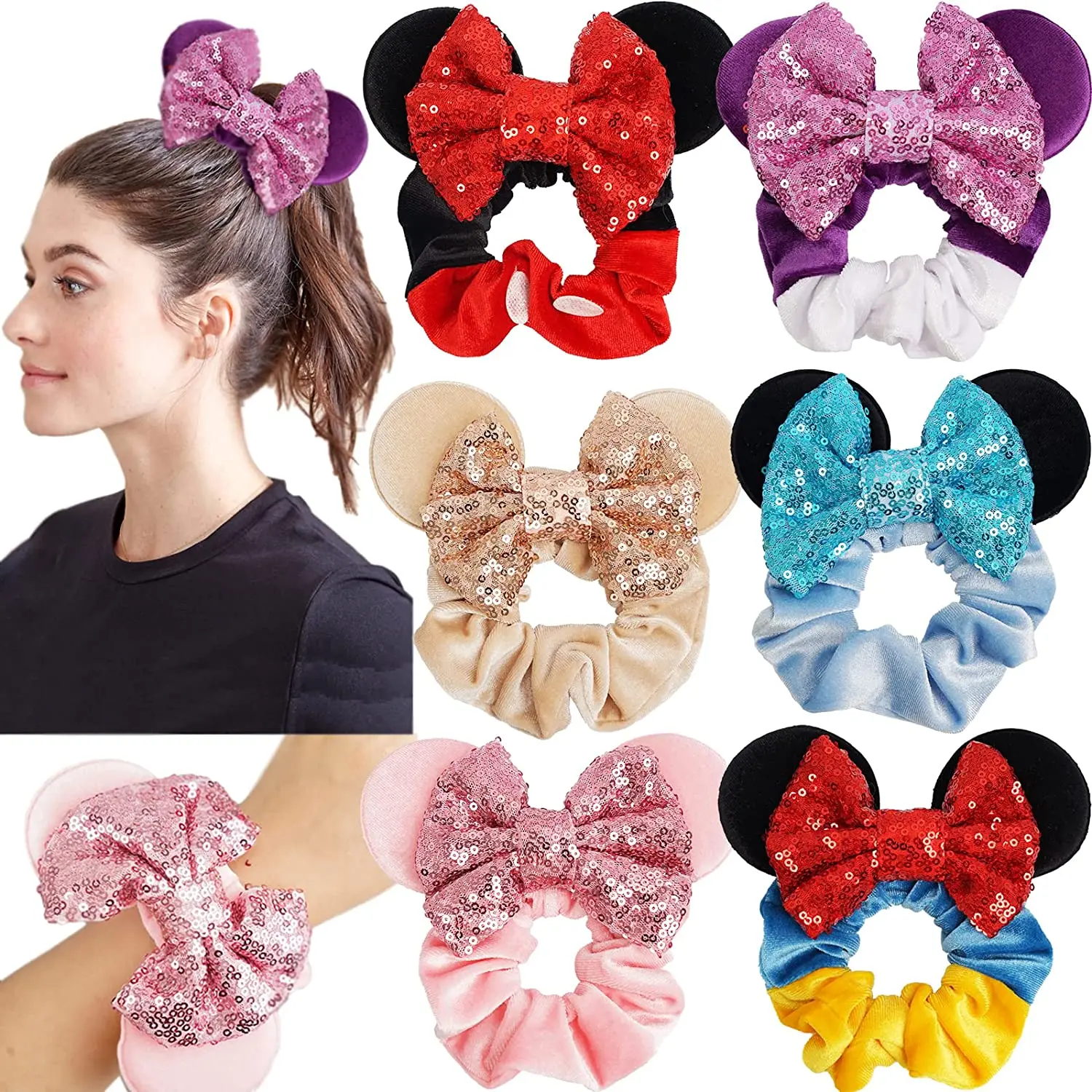 

Mouse Ears Scrunchies Velvet Sparkle Sequin Bows Hair Scrunchies Hair Ties Elastic Rubber Bands Ponytail Holders for Women Girl