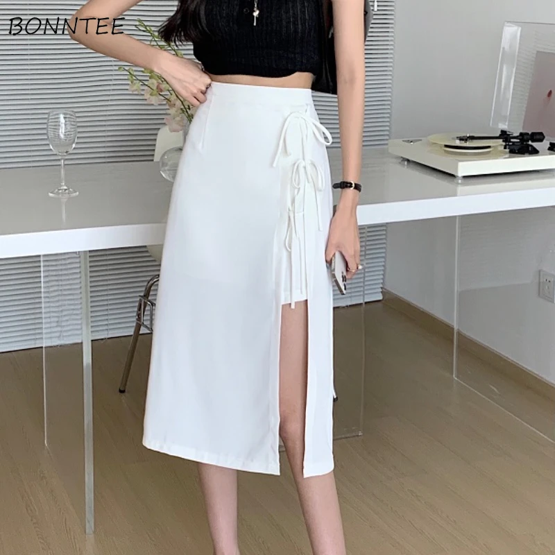 

Skirts Women Side-slit Design Sexy Asymmetrical Fashion Ulzzang Ladies Solid Leisure High Waist Simple Summer New All-match Cozy