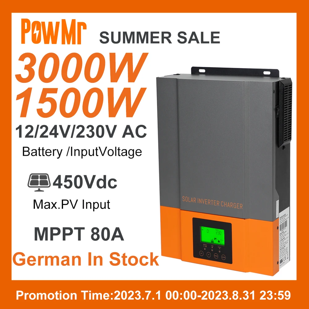 MPPT 80A Solar Charger 3KW 1.5KW 12V 24V Wide Voltage LCD Display Solar Inverter 230VAC Max PV 450Vdc Fit for Lithium Batteries
MPPT 80A Solar Charger 3KW 1.5KW 12V 24V Wide Voltage LCD Display Solar Inverter 230VAC Max PV 450Vdc Fit for Lithium Batteries
