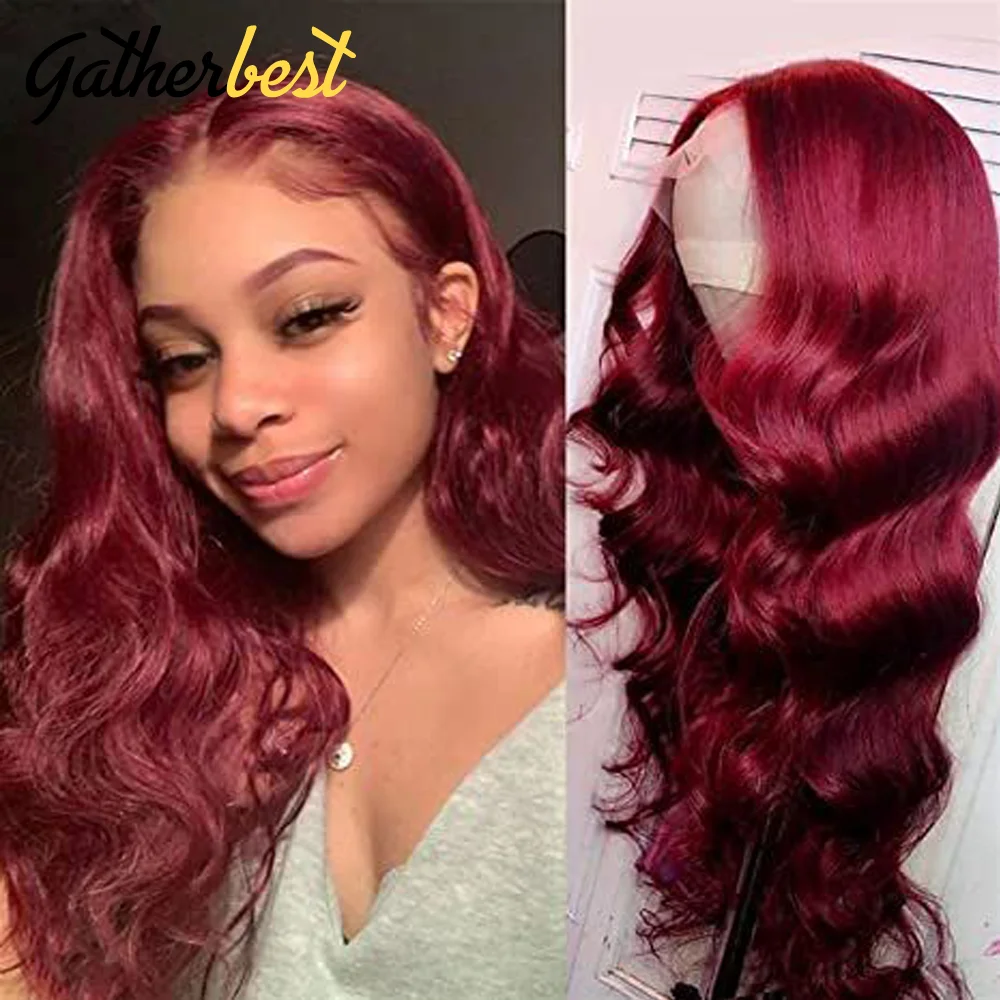 

99J Body Wave Wigs 13x4 Burgundy Transparent Lace Frontal Wig Human Hair 180% Density Glueless Wigs Pre Plucked Natural Hairline
