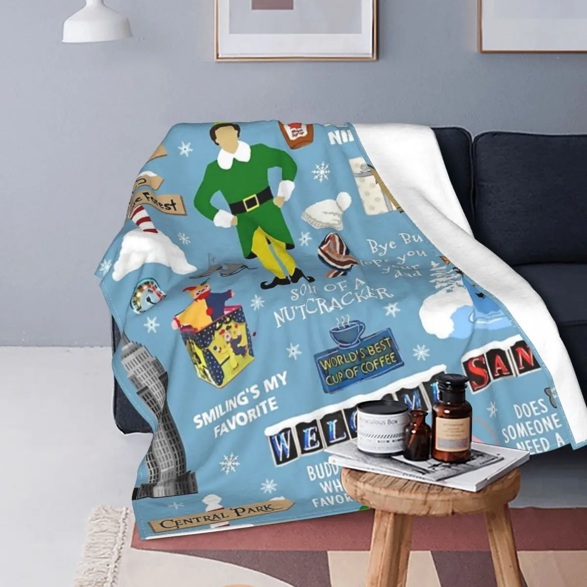 

Buddy The Elf Collage, Blue Background Blanket Flannel Breathable Throw Blankets Sofa Throw Blanket For Throws Bedspread Quilt