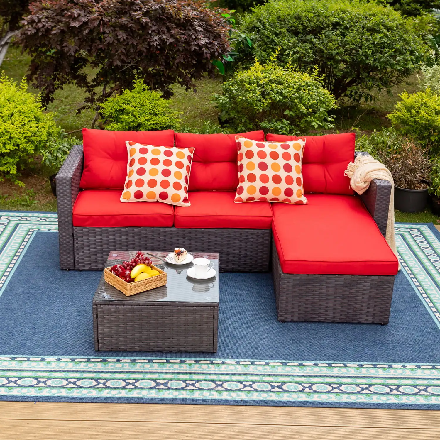 3 Pieces Outdoor Sectional Sofa Set Wicker Patio Furniture Conversation Set with Red Cushions
3 Pieces Outdoor Sectional Sofa Set Wicker Patio Furniture Conversation Set with Red Cushions
