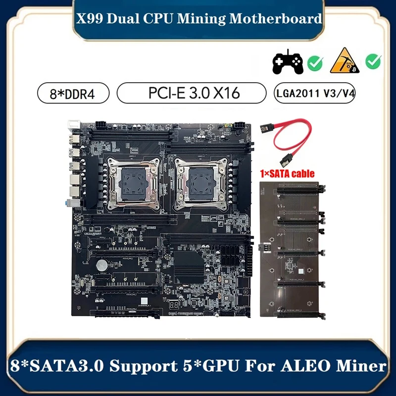 

X99 Dual CPU ALEO Mining Motherboard +SATA Cable LGA2011 V3/V4 8XDDR4 RAM Slot PCIE 16X 8XSATA3.0 Supporting 5 GPU Miner