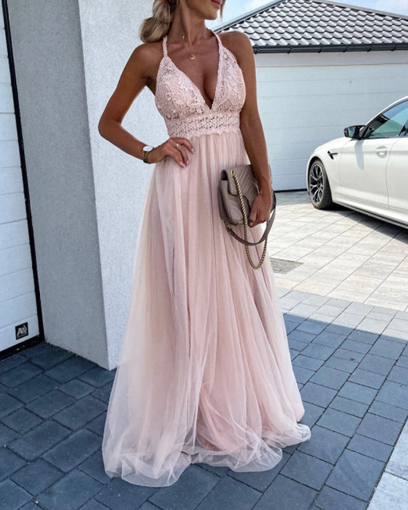 Women Sleeveless Off Shoulder Long Dresses Elegant Backless Lace-Up Bowknot Party Dress Sexy Deep V Neck Lace Mesh Maxi Dress
Women Sleeveless Off Shoulder Long Dresses Elegant Backless Lace-Up Bowknot Party Dress Sexy Deep V Neck Lace Mesh Maxi Dress