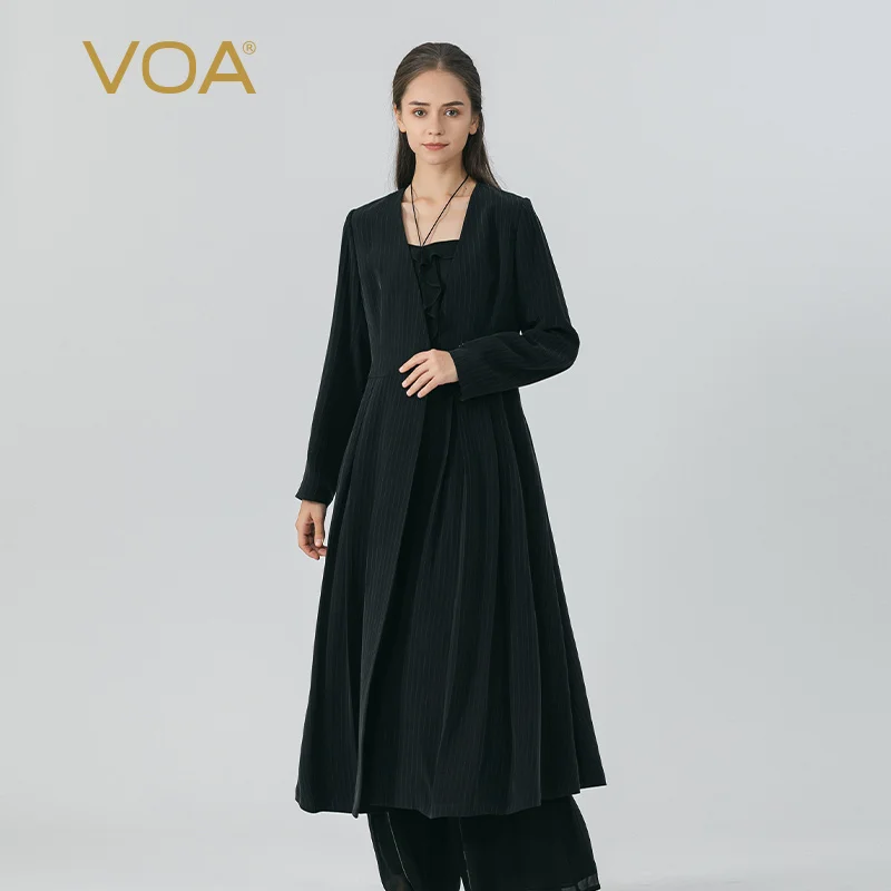 VOA Striped Black 44 Momme Unbounded Heavyweight Silk V-neck Long-sleeved Single Button Skirt Silk Trench Coat Autumn New FE292
VOA Striped Black 44 Momme Unbounded Heavyweight Silk V-neck Long-sleeved Single Button Skirt Silk Trench Coat Autumn New FE292