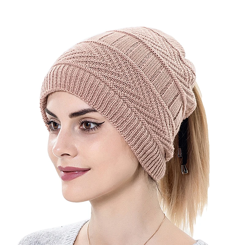 

Autumn Winter Ponytail Beanie Hat Women Stretch Knitted Crochet Beanies Cap Winter Hats Scarf Dual Purpose For Women Warm Lady