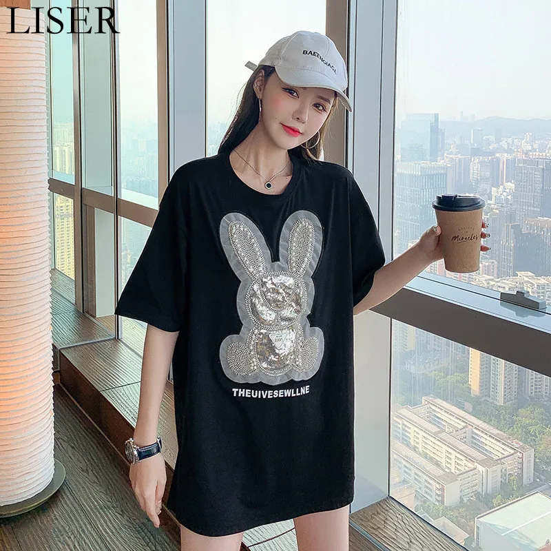 2022 New Summer Women'S T-Shirt Loose Round Neck Short Sleeve T-Shirt Embroidery Beaded Sequin Rabbit T-Shirt Black LL1179 
2022 New Summer Women'S T-Shirt Loose Round Neck Short Sleeve T-Shirt Embroidery Beaded Sequin Rabbit T-Shirt Black LL1179
