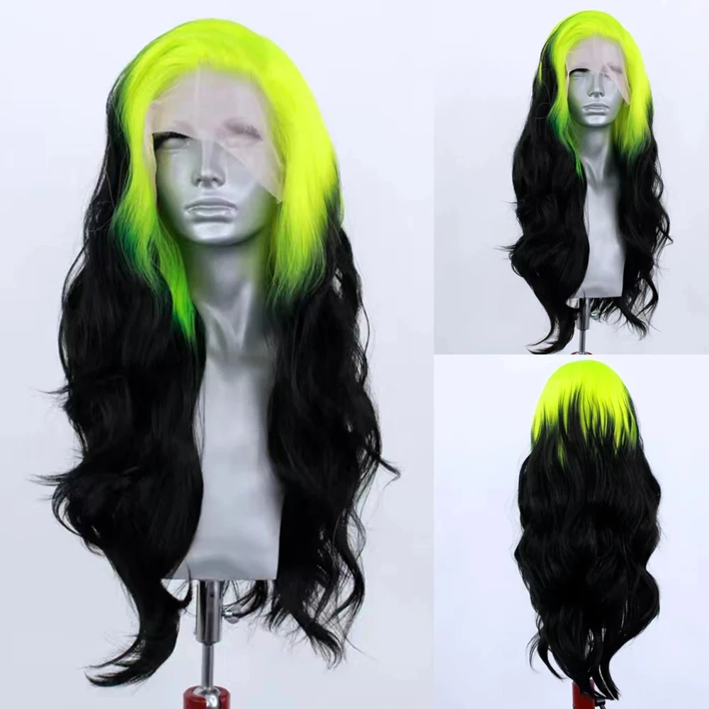 

Green to Black Ombre Wig Body Wave Lace Front Wig Synthetic Hair Wigs 26 Inches Long Wavy Hair Cosplay Frontal Wigs