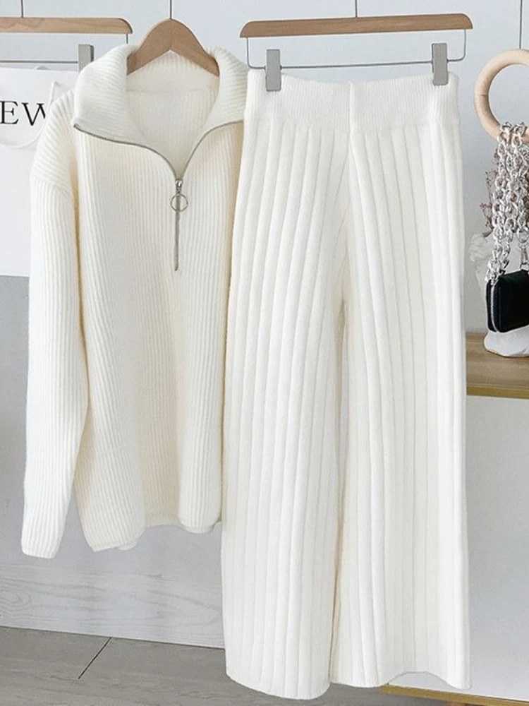 Knitted Sets of Women 2 Pieces Elegant White Zipper Sweater Set Woman 2 Pieces Pants and Top High Waist Wide Leg Pants Woman
Knitted Sets of Women 2 Pieces Elegant White Zipper Sweater Set Woman 2 Pieces Pants and Top High Waist Wide Leg Pants Woman