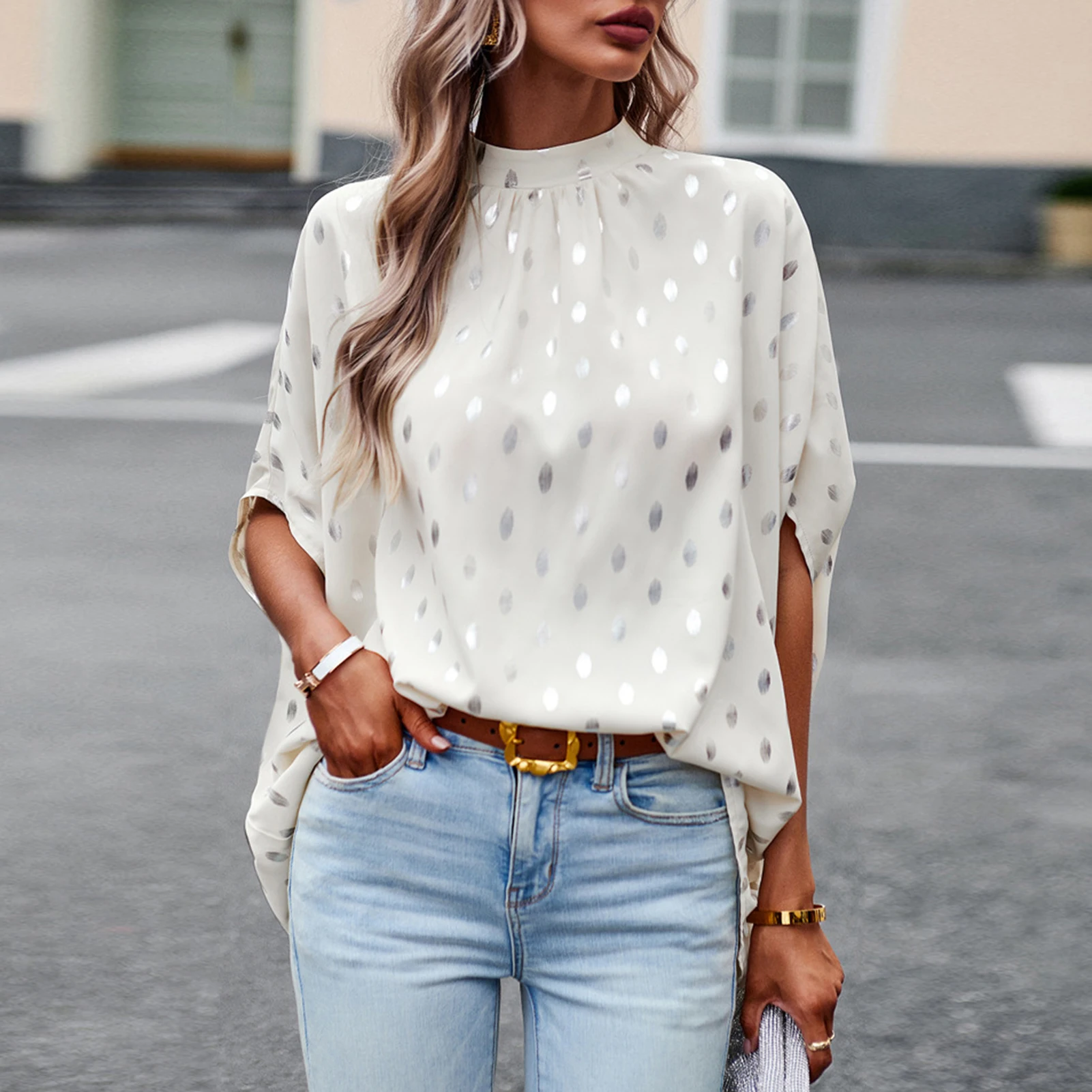 

Women Batwing Sleeve Top Elegant Casual T Shirts Fashion Polka Dots Blouse Pullover Chic Ladies Shirt Vacation Weekend Tops