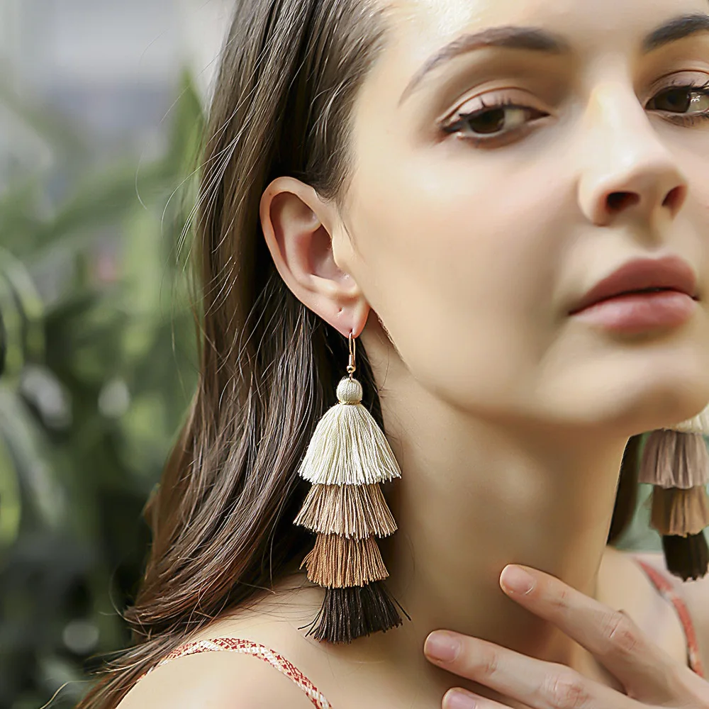 

New 3 Layered Bohemian Fringed Luxury Statement Tassel Earrings 2022 Boho Fashion Jewelry Women Long Drop Dangle Earrings