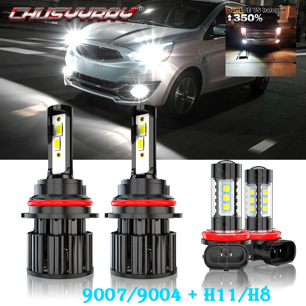 

CHUSYYRAY Car Lights Compatible For Mitsubishi Mirage G4 2017-2018 4X 9007 High/Low Beam LED Headlight H11 Fog Light Bulbs Kit